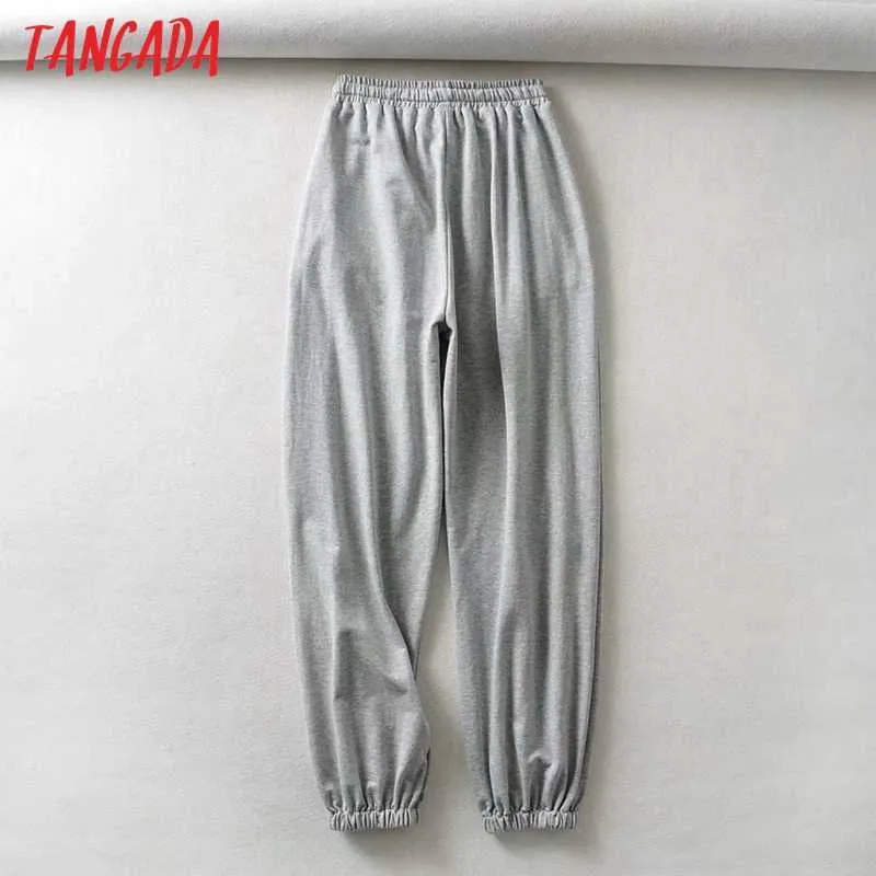 Tangada fashion women pants gray cargo strethy waist loose trousers joggers female sweat streetwear TM2 210925