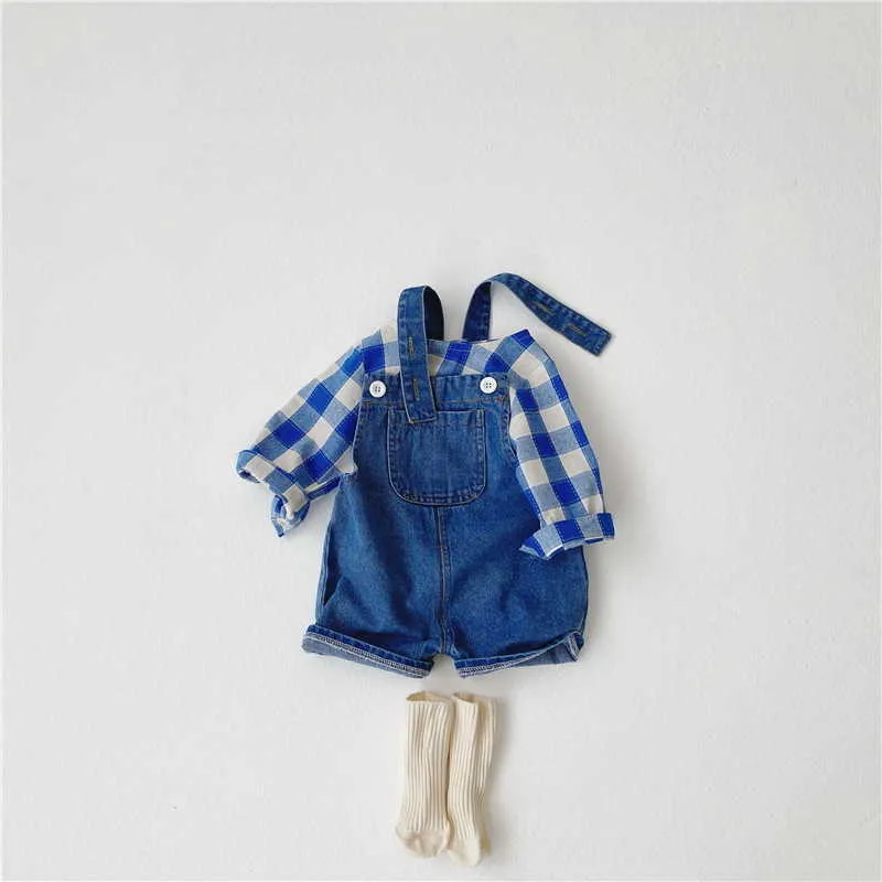 Sommer Baby Jungen Mädchen 2-tlg Sets Lange Ärmel Blau Plaid Pullover Hemd + Overalls Shorts Kinder Outfits E3907 210610