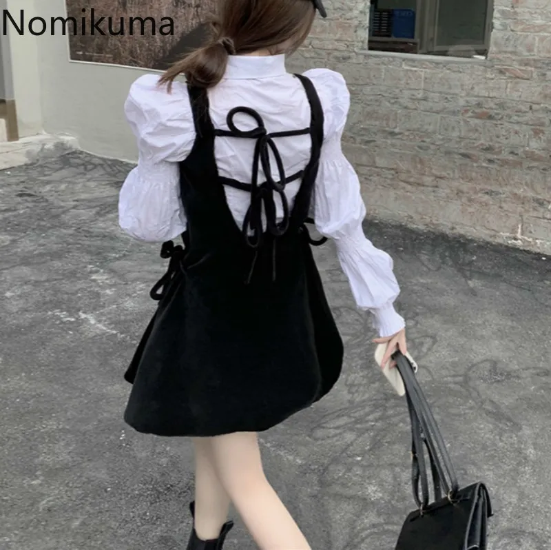 Nomikuma Koreanische Süße Frauen Zweiteilige Sets Puffärmel Bluse Tops + Zurück Fliege Hohl-out Tank Kleid Outfits Neue 6D821 210427