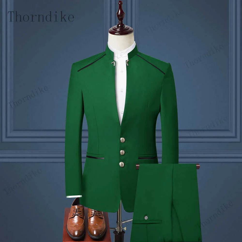 Thorndike homens terno estilo chinês stand gola terno masculino noivo de casamento slim firster tamanho blazer conjunto smoking casaco + calça x0909