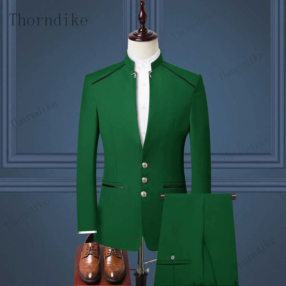 Thorndike Mężczyźni garnitur chiński styl stojak garnitur garnitur męski ślub pana młodego slim fit standerd rozmiar Blazer zestaw smokingu kurtka + spodnie x0909