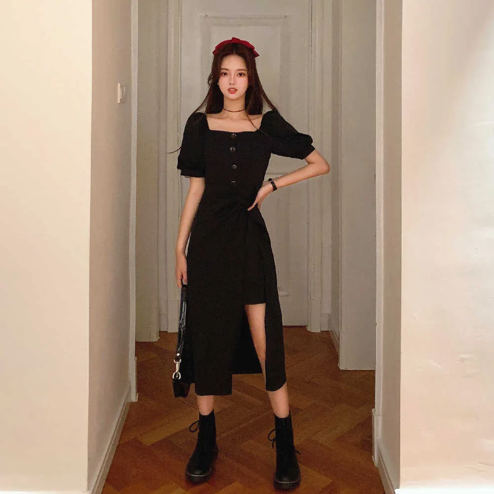 French Elegant Dress Women Autumn Casual Gothic Square Collar Puff Sleeve Chic Vintage Party Korean 210529