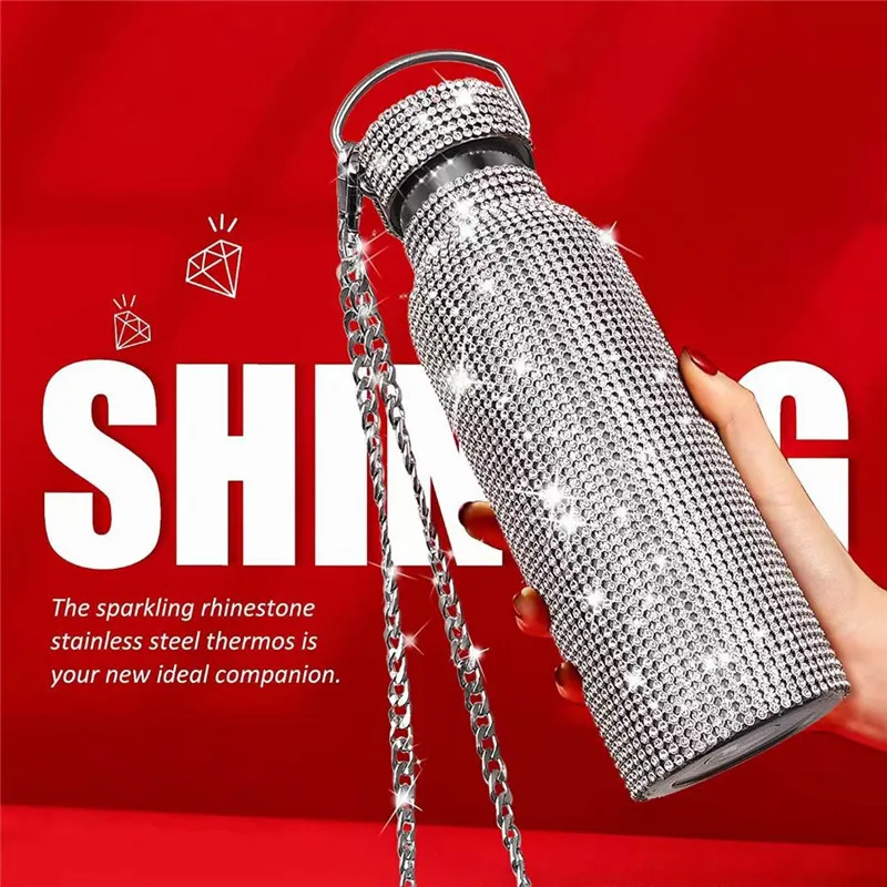 500ml Sparkling Diamond Tumbler Stainless Steel Bling Rhinestone Water Bottle Portable Outdoor Kettle with Lid207g