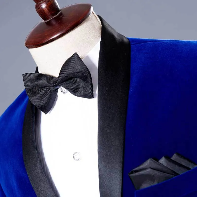 Costume de velours bleu royal avec pantalon hommes un bouton col châle costumes de smoking hommes mariage marié fête dîner Terno Masculino 2XL 210522