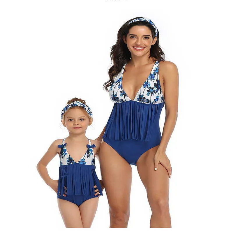 Summer Family Matching Swimsuit 2-pcs Sets One Pieces Bikini Leopard Stripe Swimming Trunks Mother Daughter E2007 210610