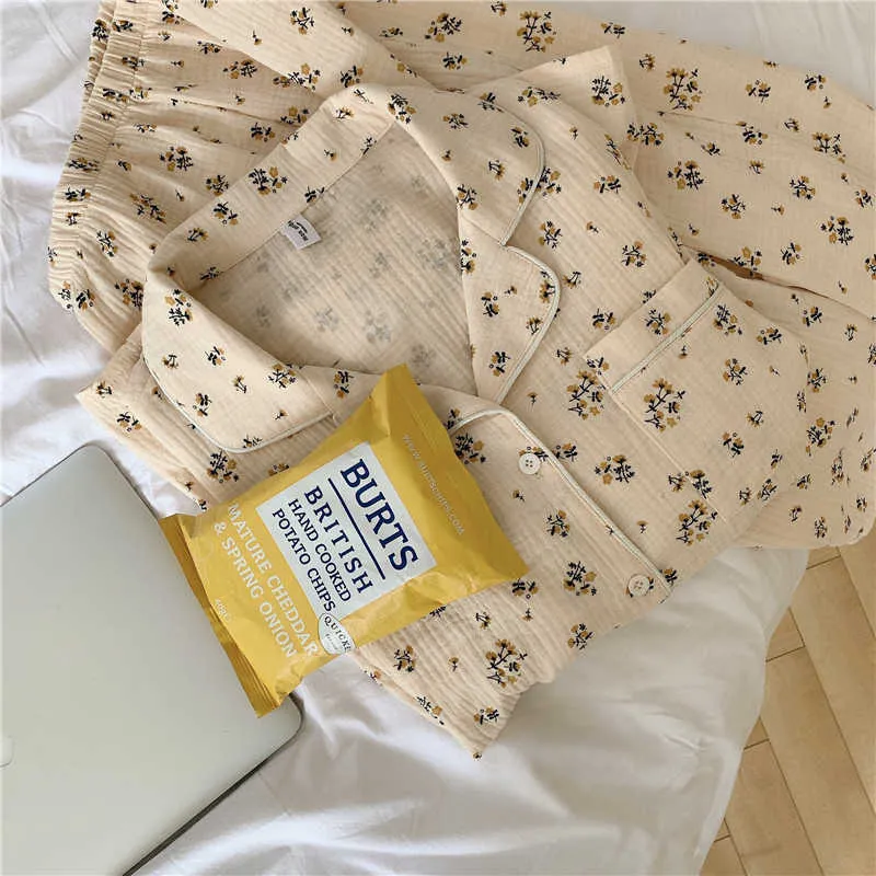 かわいい穏やかなシックなパジャマをセットプリント甘い寝室全体のマッチエレガンス暖かい日常家女性ソフトホーム服210529