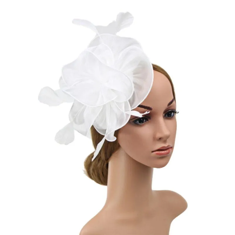 Coiffures 16 couleurs femmes grands volants fleur fascinateur chapeau vintage solide multi plume thé fête bec de canard pince à cheveux 307L