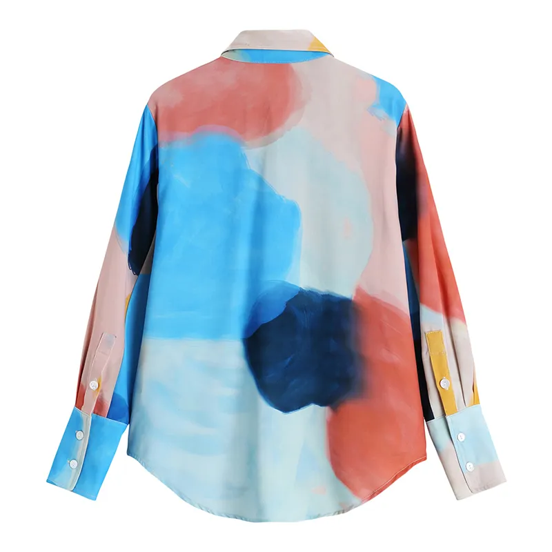 Coréen Chic Casual Tie-Dye Peinture à l'huile Revers Sauvage Chemise à manches longues Top Femmes Été Plus Taille Blusas 16W1065 210510