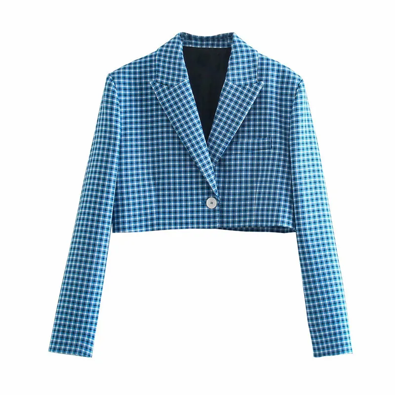Casual vrouwen v-hals enkele knop jasje lente-herfst mode dames hoge straatjas vrouwelijke blauwe plaid korte blazer 210515