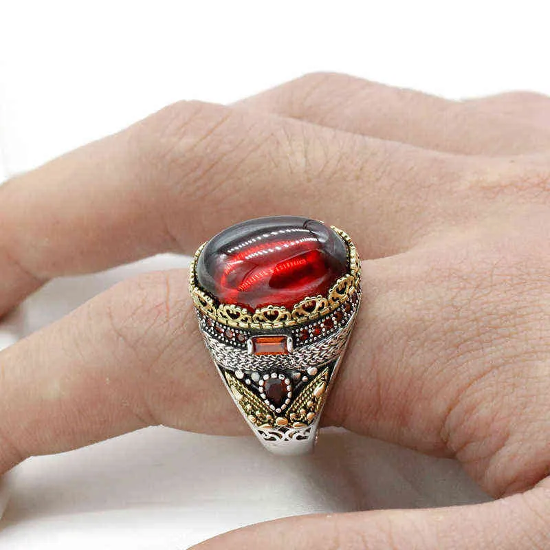 Reale puro anello vintage da uomo 925 turco naturale tailandese argento sterling classico colore rosso zircone anelli di pietra le donne gioielli regalo 211217