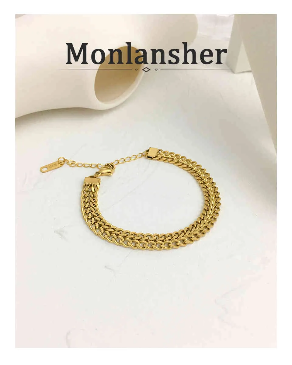Monlansher Bracciale a catena piatta color oro minimalista Bracciali in acciaio al titanio testurizzati Gioielli da donna in stile street fashion