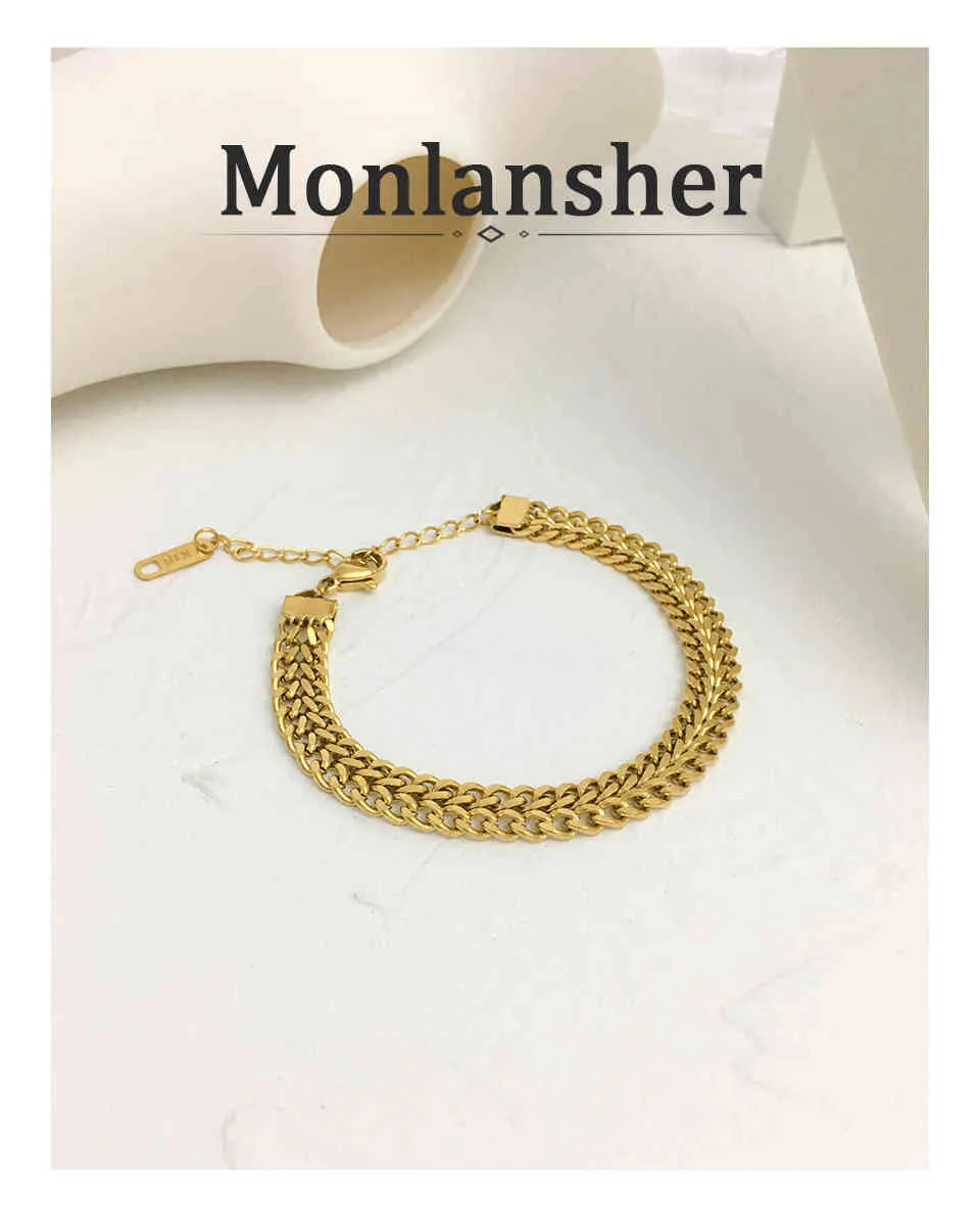 Monlansher minimalistisk guldfärg platt kedja armband texturerat titan stålarmband mode street stil smycken för kvinnor