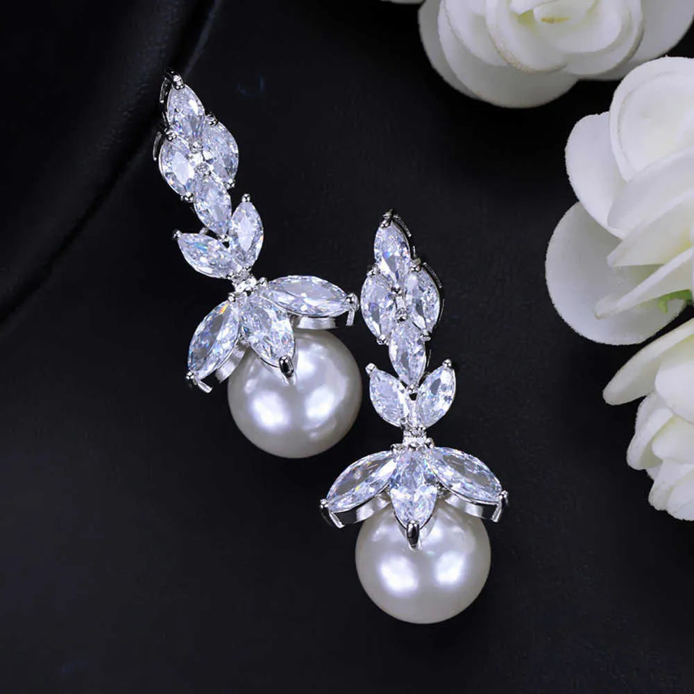 ThreeGraces Classic Marquise Shape Cubic Zirkoon Crystal Drop Pearl Armband Oorbellen Ketting Bruids Sieraden Sets Bruiloft JS240 H1022