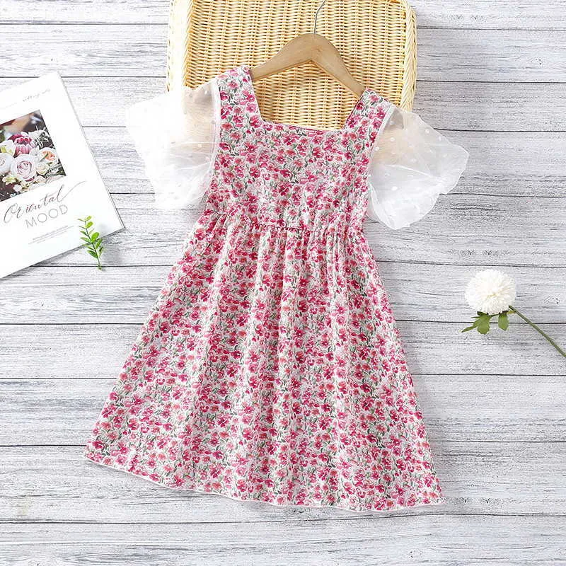 Sommar barn flickor klänning rosa lila blommig kort mesh dot ärmar tjej klänningar barn casual kläder e76 210610