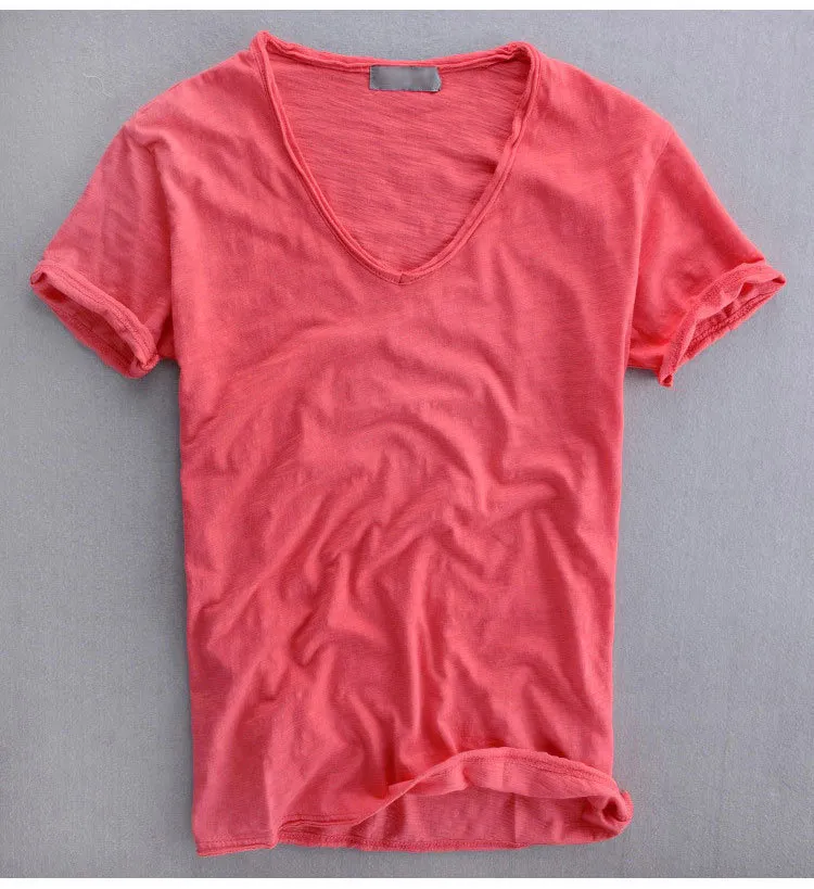 summer casual T-shirt pure cotton slub breathable retro solid color V-neck short sleeve 210317