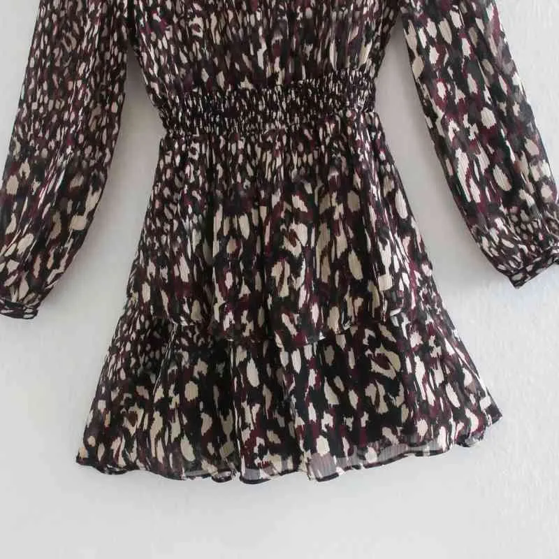 Femmes imprimé léopard en mousseline de soie translucide Mini robe femme à manches longues vêtements décontracté dame lâche Vestido D6918 210430
