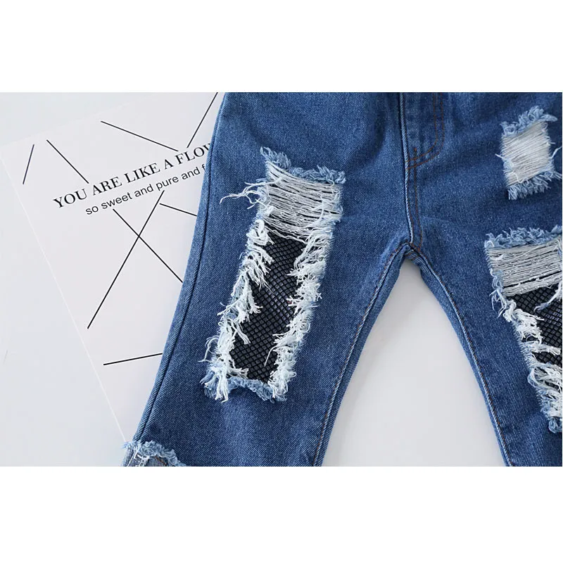 3-7Y Barnens Ripped Jeans Spring Clothing Boys Girls Casual Rroousers Toddler Kids Pants 210515