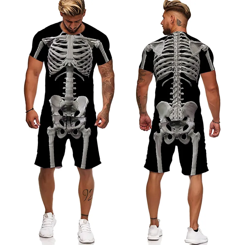 성격 뼈대 내부 장기 3D 인쇄 된 T- 셔츠 반바지 유니섹스 재미있는 할로윈 두개골 코스프레 Tracksuit 짧은 세트 220304