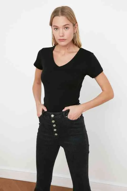 Trendyol 100 Katoen Rib V-hals Slimfit Gebreide T-shirt Twoss20TS0130 G220228