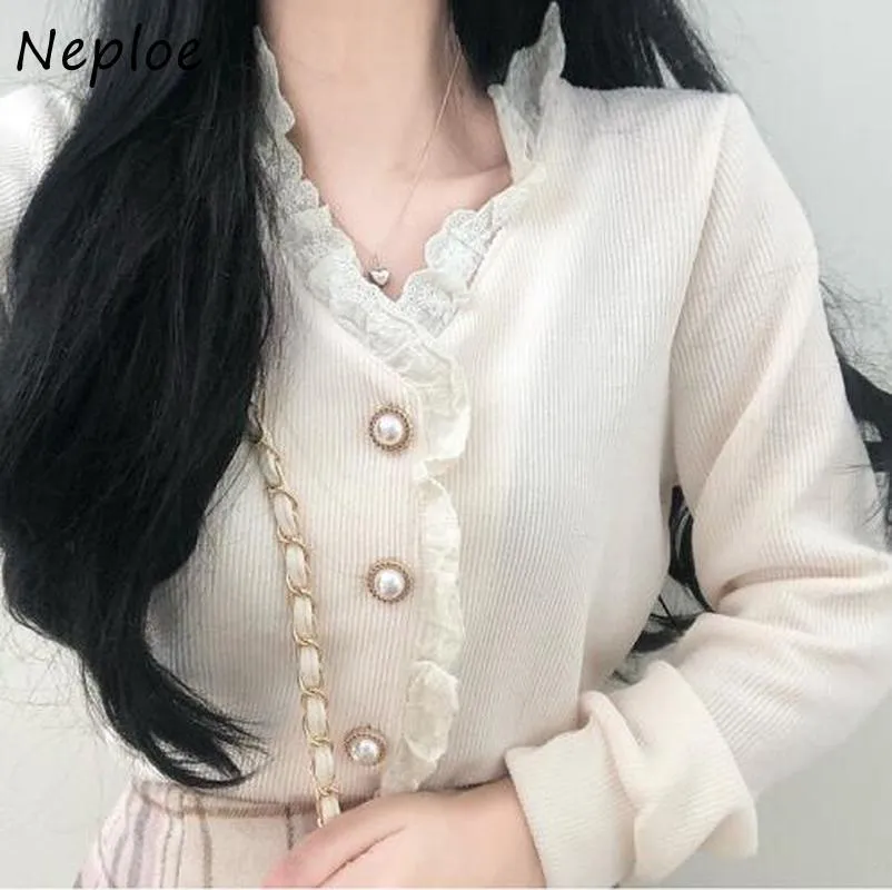 Neploe V Neck Koronki Patchwork Elegancki Dzianina Sweter Cardigans Kobiety Z Długim Rękawem Pojedynczy Slim Slim Pull Femme Coat Spring 210510