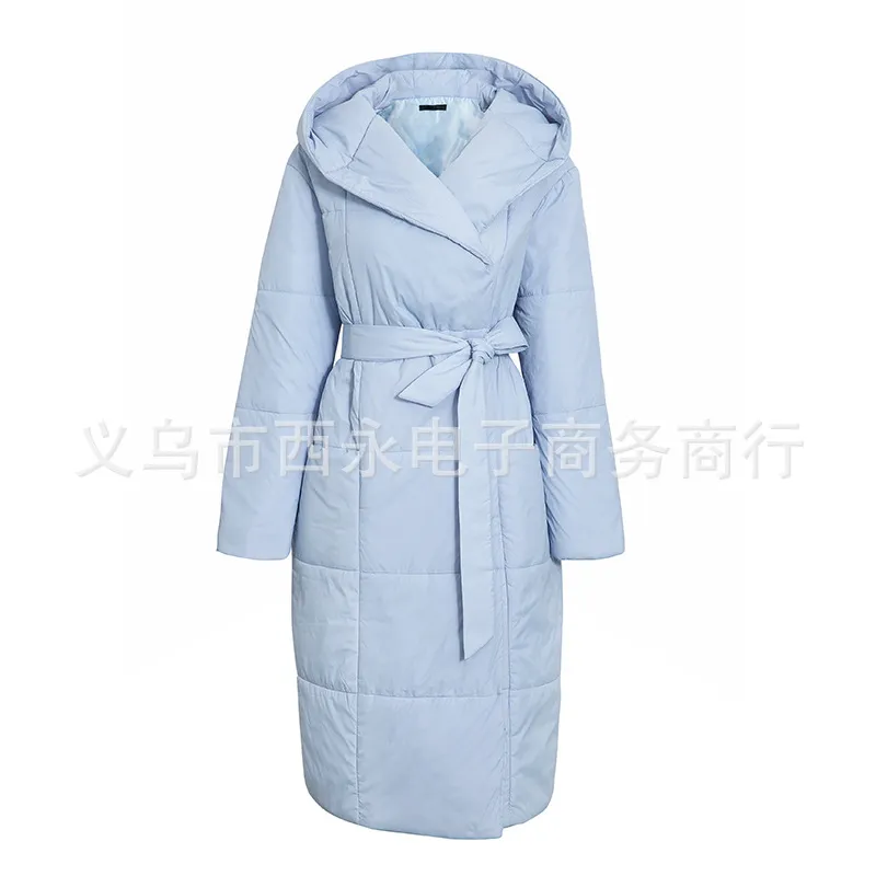 Décontracté bleu clair automne hiver femmes longues parkas chaud à capuche à manches longues femme veste haute rue doudounes 210422