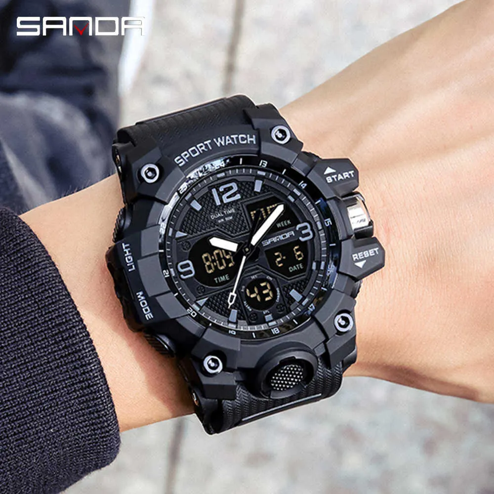 SANDA Uomo Orologi Militari G Style Bianco Orologio sportivo LED Digital 50M Orologio impermeabile S THOCK Orologio maschile Relogio Masculino G1022293I