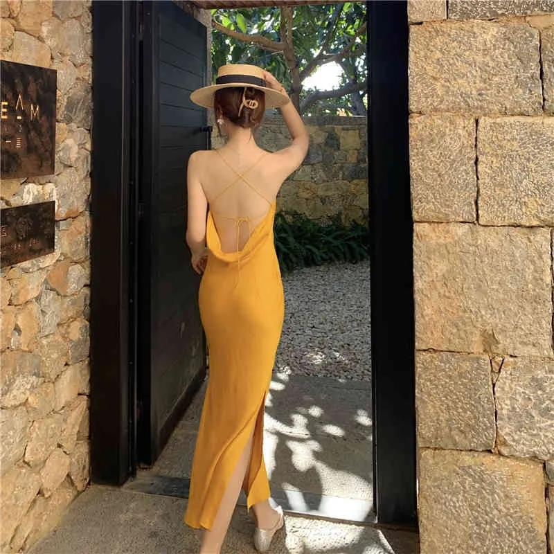 Summer Women's Sundresses Yellow Backless Sexy Beach Dress V-Neck Holiday Spliting Spaghetti Strap Femme Robe 210514