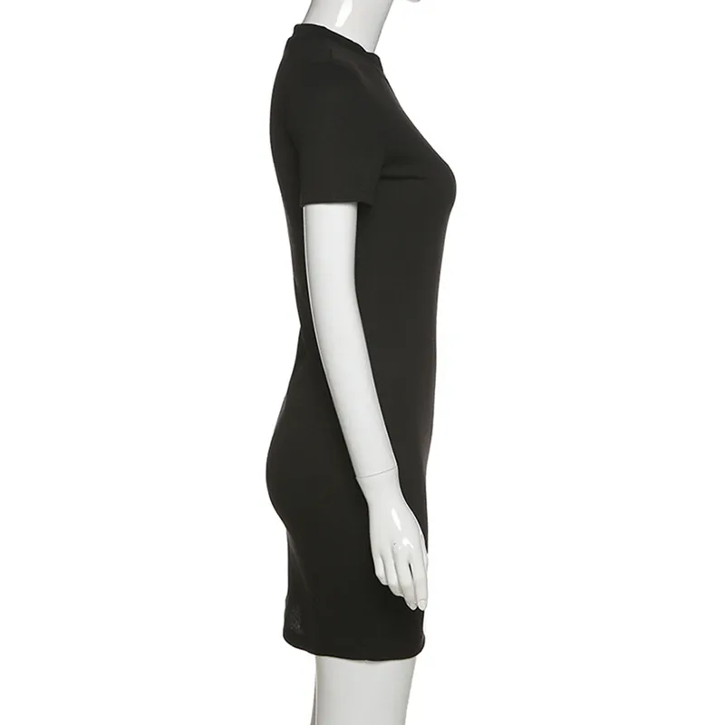 Kobiety Sukienka Torba Hip Slim Fit Solid Front Zipper Open Deep V-Neck Black Casual Krótki Rękaw Summer Streetwear 210522