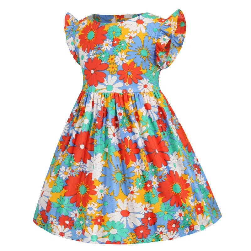 Stile europeo Flower Print 2021 New Style Summer Girls Dress Cotton Short Sleeve Abbigliamento bambini Princess Party Dresses Q0716