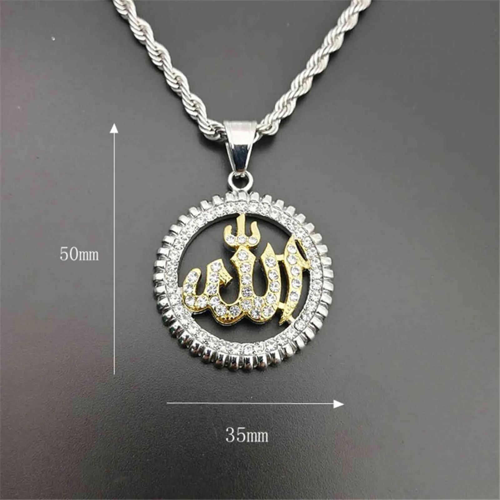 Collane con pendente Allah rotondo religioso Collana con strass in acciaio inossidabile color oro Gioielli islamici Bling ghiacciati