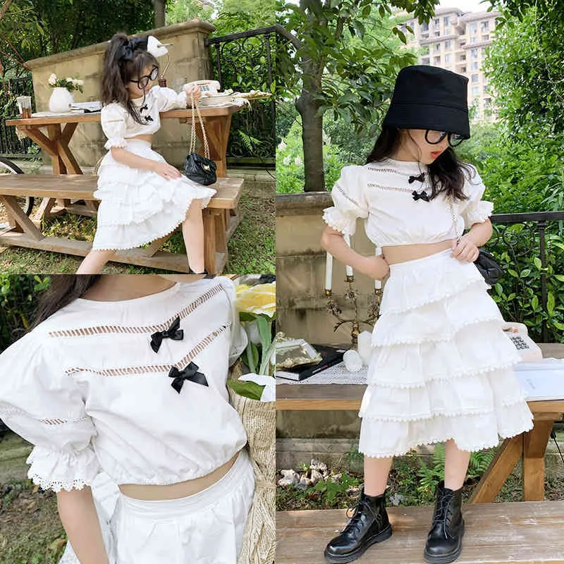 Mädchenkleidung Anzug 2-teiliges Set Schleife Kurzes Top + Kuchenrock Frühling Sommer Outfits Mode Kinder 210515