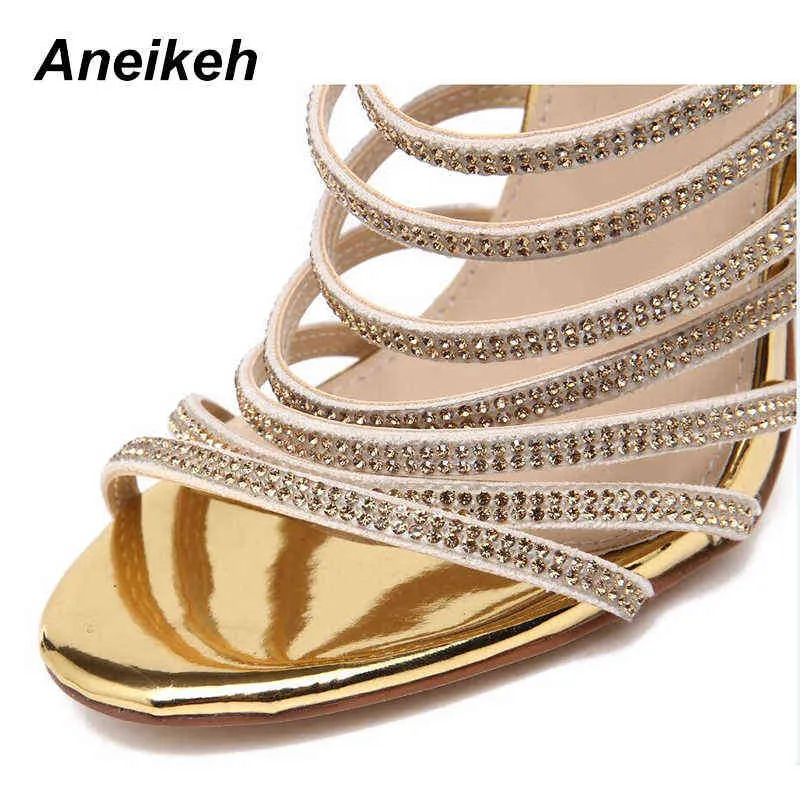 Sandały Aneikeh Bling Gold Crystal Cienkie Strappy Gladiator Shoes Staletto Heel Pompy Ślubne Rhinestone Cage 220121