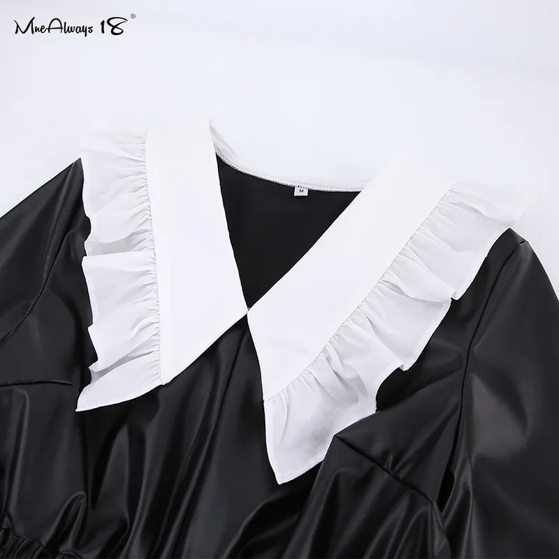 Mnealways18 Patchwork Women Leather Dress With Peter Pan Collar High Waist Autumn Winter Elegant Ladies Black Frill 220308