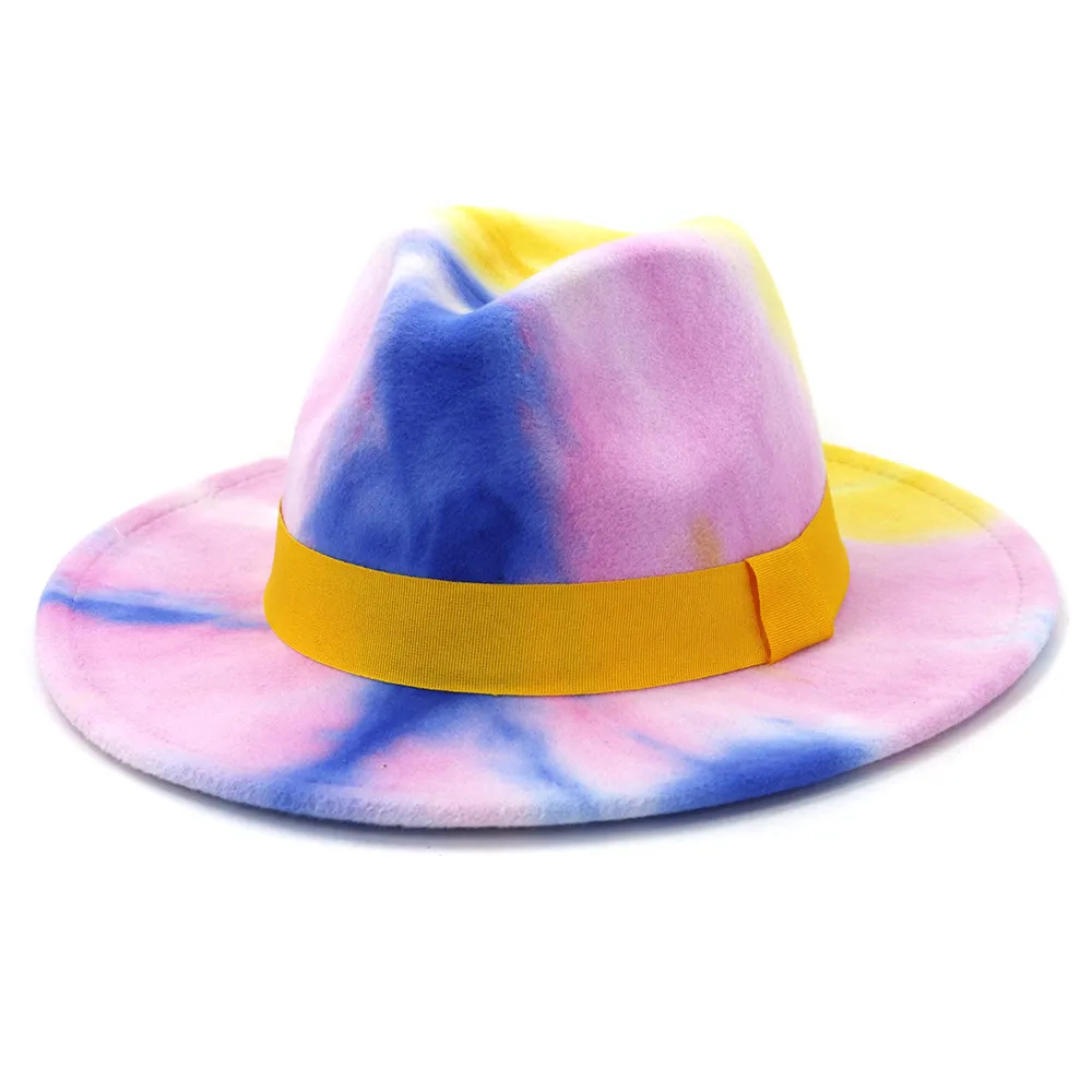 Fashion Flat Brim Jazz Felt chapeau Nouveau arrivée TRENDY LADY TIE colorée Dye Panama FAUX WOOL FEDORA HAT CAP AVEC JAUNE BAND244O