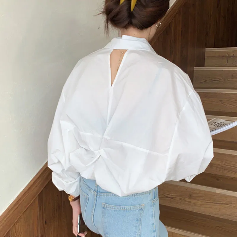 Women's Spring Autumn Blouse Korean Open Back Pleated Lapel Single-breasted Top Slim Loose Long-sleeved Female Tops LL389 210506