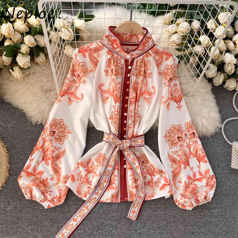 Nepleoe Court Style Print 2 шт. Женский набор Обратный воротник слойки длинный рукав блузка + высокая талия бедра широкие ноги шорты пружины 210423