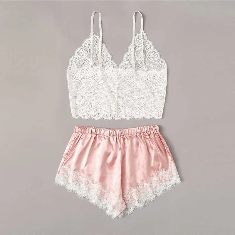 Floral Lace Bralette With Satin Shorts Lingerie Set Women Summer Sexy Sets Ladies Bra And Panty Underwear Pajama Set-Pink 210809