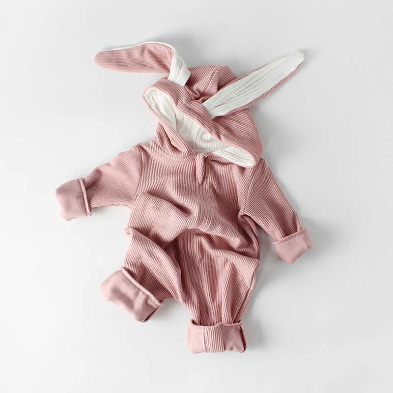 Höst tjejer rompers baby barnkläder baby kaniner öron långa ärmar jumpsuit födda vinter kläder 210701