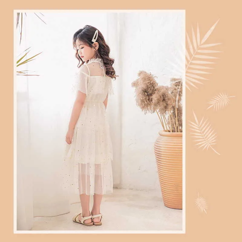 Summer Teenagers Girl Dress Starry Sky Solid Color Princess Cute Style Kids Fashion Clothes E2073 210610