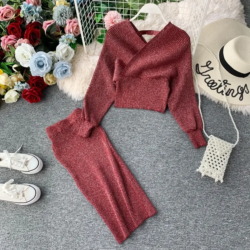 Damska wysoka talia Jasna jedwabna dzianina torba Hip spódnica Dwuczęściowa Moda V-Neck Sweter Bat Sleeve Sets GD123 220302