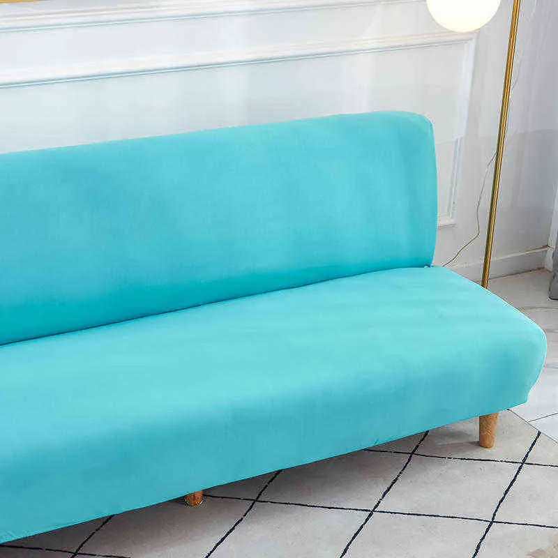 Sky Blue Solid Color Folding Bäddsoffa Utan Armstöd Spanex Elastiska Dekorativa Sittmöbler Couchcover för vardagsrum 211207