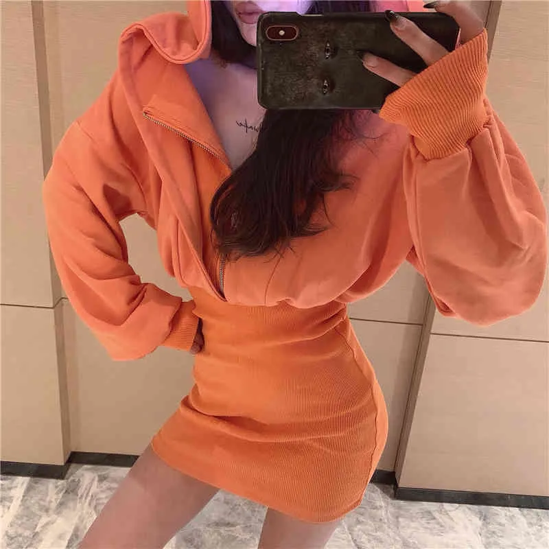 Lucyever Faux Deux Hoodies Robe Femmes Automne À Capuche Mini Robes Femme Orange Empire Style Coréen Slim Vêtements Femme 210521