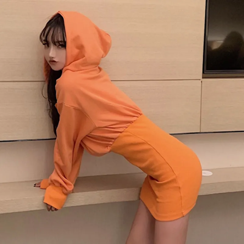 Lucyever Faux Deux Hoodies Robe Femmes Automne À Capuche Mini Robes Femme Orange Empire Style Coréen Slim Vêtements Femme 210521