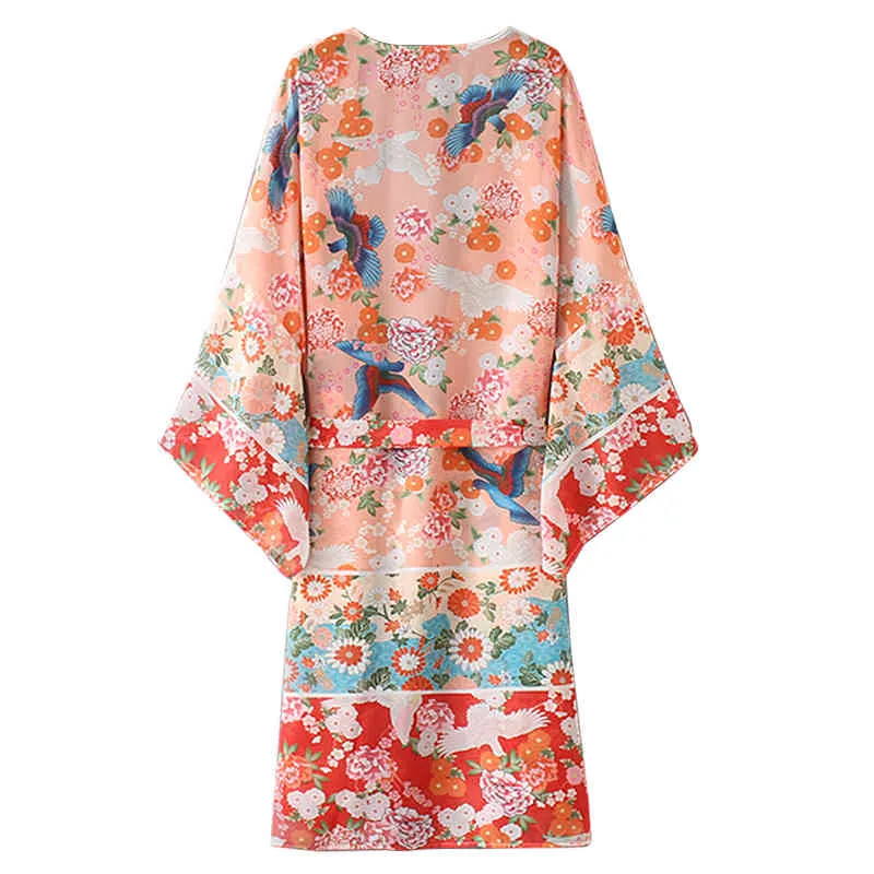 Kvinnor Chiffon Kimono Cardigan Floral Tryckt långärmad bälte Casual Loose Long Outwear Thin Cover Ups Beachwear Plus Size 210323