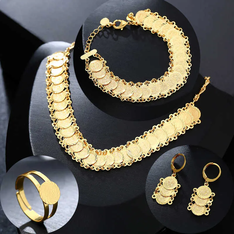 Ensembles de bijoux de pièces de monnaie arabes classiques Collier de couleur or bracelet Boucles d'oreilles Bague Moyen-Orient pour femmes musulmanes Coin Bijoux 210619