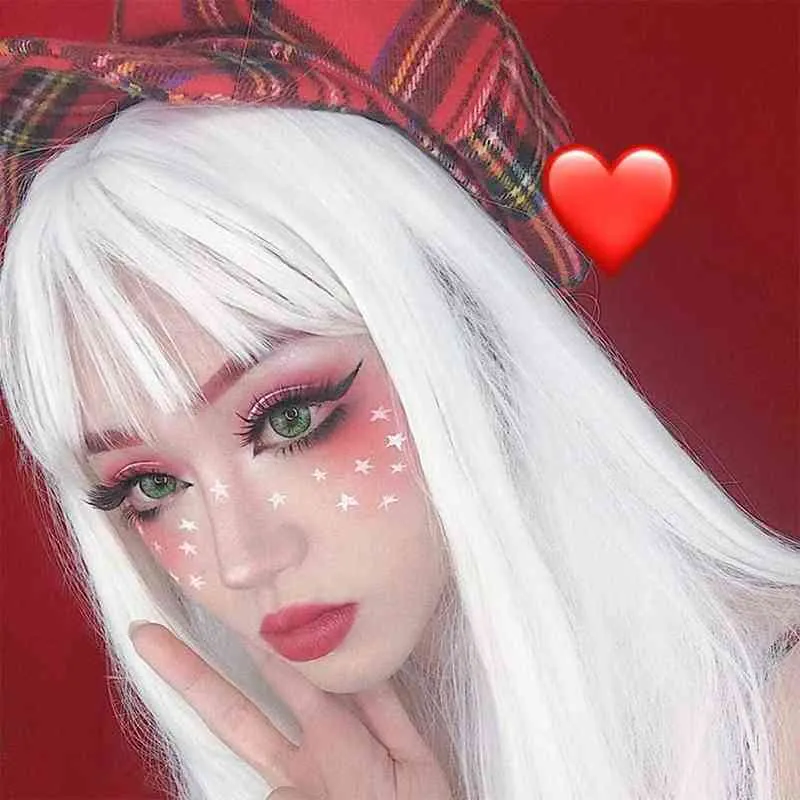 Hår syntetiska peruker cosplay fgy 26 tum lång rakt med bangs vit peruk cosplay röd grön lolita damer anime hög temperatur fiber syntetisk 220225