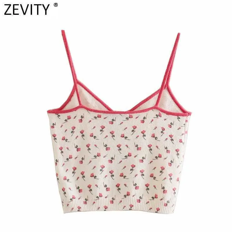 Zevity女性の甘い花のジャカードニットスパゲッティストラップシックキャミスタンクレディース夏のスリングショートスリムトップスSW720 210603