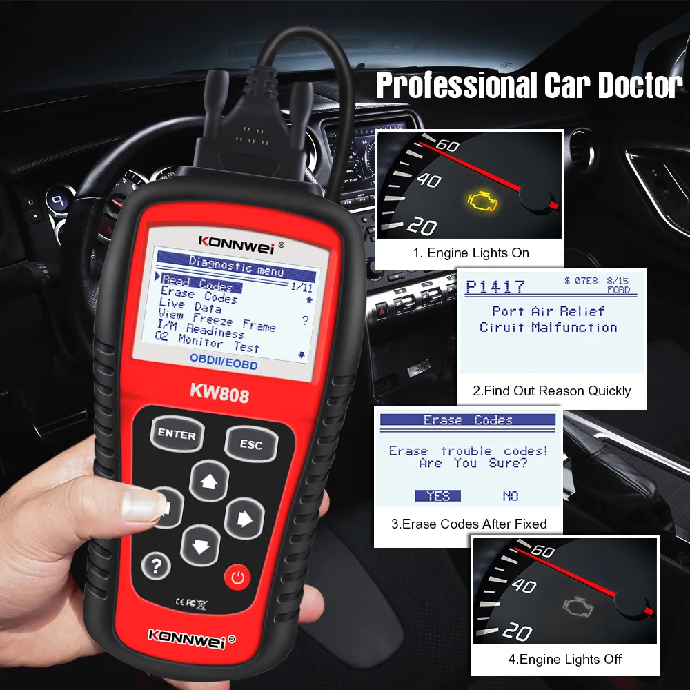 Konnwei KW808 OBD Car Diagnostic Tools Scanner OBD2 Auto Auto Automotive Engine Fualt Reader1098223