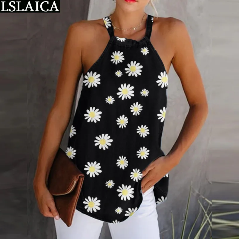 Venda Por Atacado Verão Top Sem Mangas Imprimir Moda Halter Tanque Casual Chic Party Club T-shirt das Mulheres Streetwear Sexy Feminino 210520