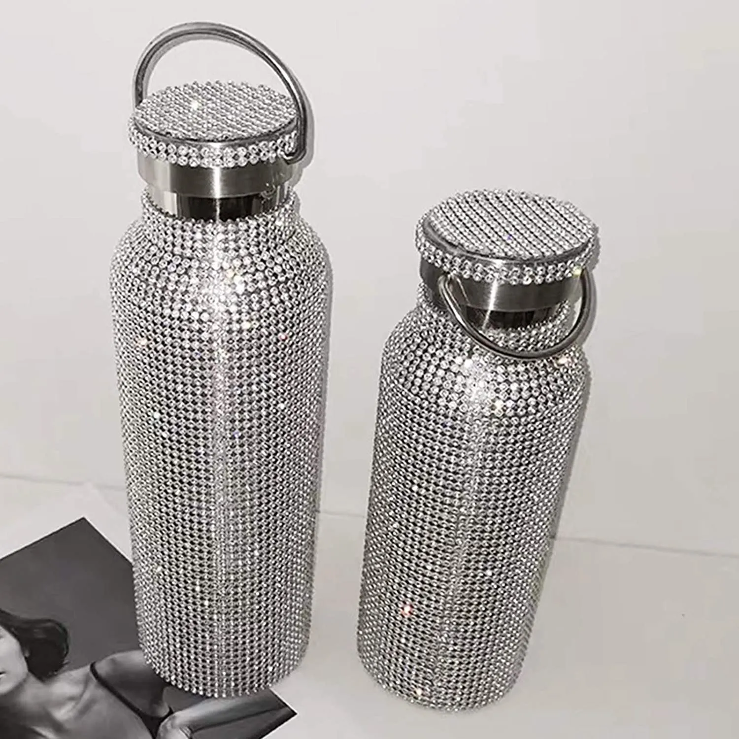 500 ml błyszczący diamentowy kubek ze stali nierdzewnej Bling Bling Rhinestone Water Bottle Przenośny czajnik zewnętrzny z LID223G